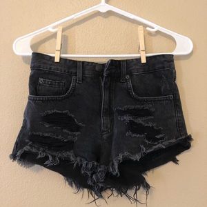 Black distressed denim shorts